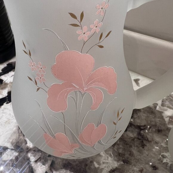 Vintage 1980s Pink Iris Italian Satin Frosted Glass Pitcher, 2 Wine & 3 Tumblers - Picture 3 of 15